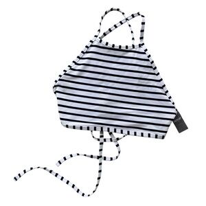 Aerie Womens S White Navy Stripe High Neck Halter Tie Cross Back Bikini Swim Top